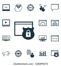 Set Of 16 Advertising Icons. Can Be Used For Web, Mobile, UI And Infographic Design. Includes Elements Such As Focus Group, Video Player, Intellectual Process And More.