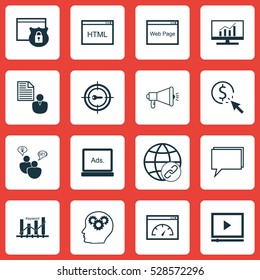 Set Of 16 Advertising Icons. Can Be Used For Web, Mobile, UI And Infographic Design. Includes Elements Such As Website, Connectivity, Digital Media And More.