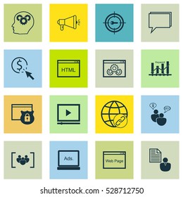 Set Of 16 Advertising Icons. Can Be Used For Web, Mobile, UI And Infographic Design. Includes Elements Such As Coding, Media Campaign, Website And More.