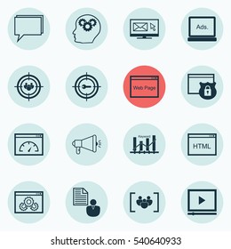 Set Of 16 Advertising Icons. Includes Focus Group, Keyword Marketing, Intellectual Process And Other Symbols. Beautiful Design Elements.