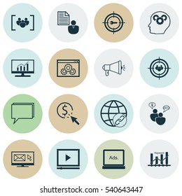 Set Of 16 Advertising Icons. Includes PPC, Keyword Marketing, Newsletter And Other Symbols. Beautiful Design Elements.