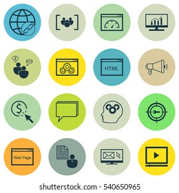 Set Of 16 Advertising Icons. Includes Keyword Marketing, Loading Speed, Newsletter And Other Symbols. Beautiful Design Elements.