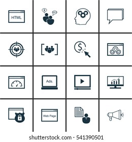 Set Of 16 Advertising Icons. Includes Video Player, Loading Speed, Report And Other Symbols. Beautiful Design Elements.