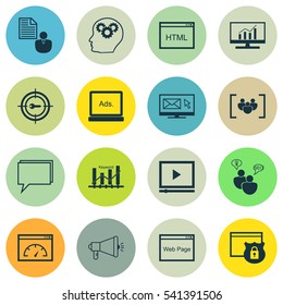 Set Of 16 Advertising Icons. Includes Market Research, Newsletter, Coding And Other Symbols. Beautiful Design Elements.