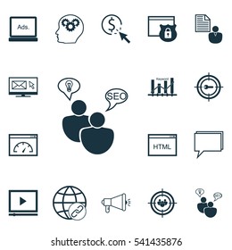 Set Of 16 Advertising Icons. Includes Media Campaign, Keyword Optimisation, Connectivity And Other Symbols. Beautiful Design Elements.