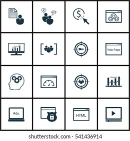 Set Of 16 Advertising Icons. Includes PPC, Report, Keyword Optimisation And Other Symbols. Beautiful Design Elements.