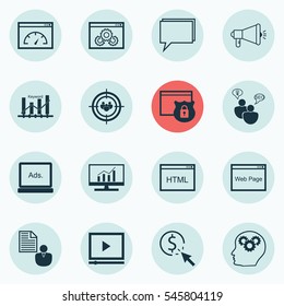 Set Of 16 Advertising Icons. Includes Website, Report, Coding And Other Symbols. Beautiful Design Elements.
