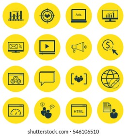 Set Of 16 Advertising Icons. Includes Focus Group, Conference, Search Optimization And Other Symbols. Beautiful Design Elements.