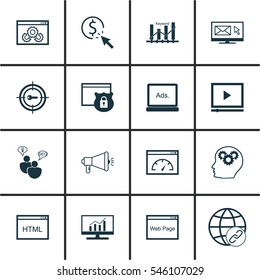 Set Of 16 Advertising Icons. Includes Web Page Performance, PPC, Digital Media And Other Symbols. Beautiful Design Elements.
