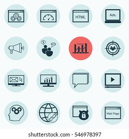 Set Of 16 Advertising Icons. Includes Digital Media, Coding, Focus Group And Other Symbols. Beautiful Design Elements.