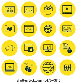 Set Of 16 Advertising Icons. Includes Report, Media Campaign, Connectivity And Other Symbols. Beautiful Design Elements.