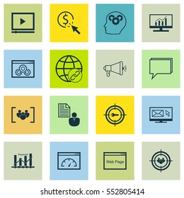 Set Of 16 Advertising Icons. Includes Loading Speed, Keyword Marketing, Media Campaign And Other Symbols. Beautiful Design Elements.