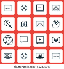 Set Of 16 Advertising Icons. Includes Digital Media, Conference, Website And Other Symbols. Beautiful Design Elements.