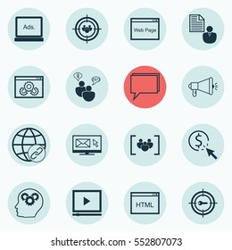 Set Of 16 Advertising Icons. Includes Newsletter, Intellectual Process, Media Campaign And Other Symbols. Beautiful Design Elements.