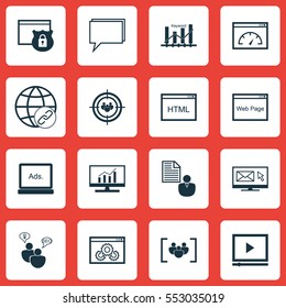 Set Of 16 Advertising Icons. Includes Web Page Performance, Website, Market Research And Other Symbols. Beautiful Design Elements.