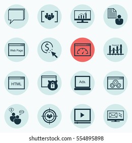 Set Of 16 Advertising Icons. Includes Digital Media, Keyword Optimisation, Search Optimization And Other Symbols. Beautiful Design Elements.
