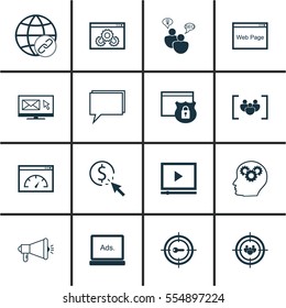 Set Of 16 Advertising Icons. Includes PPC, Keyword Marketing, Intellectual Process And Other Symbols. Beautiful Design Elements.