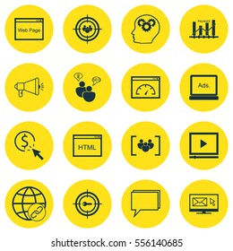 Set Of 16 Advertising Icons. Includes Keyword Marketing, PPC, Search Optimization And Other Symbols. Beautiful Design Elements.