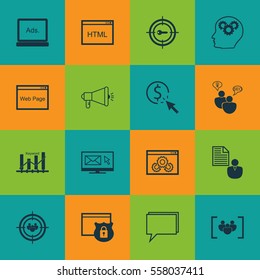 Set Of 16 Advertising Icons. Includes Intellectual Process, Digital Media, Search Optimization And Other Symbols. Beautiful Design Elements.