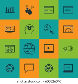Set Of 16 Advertising Icons. Includes Web Page Performance, Connectivity, Keyword Optimisation And Other Symbols. Beautiful Design Elements.