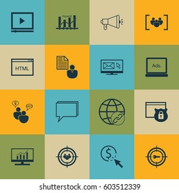 Set Of 16 Advertising Icons. Includes Keyword Marketing, Market Research, Report And Other Symbols. Beautiful Design Elements.