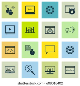 Set Of 16 Advertising Icons. Includes Website, Search Optimization, Market Research And Other Symbols. Beautiful Design Elements.