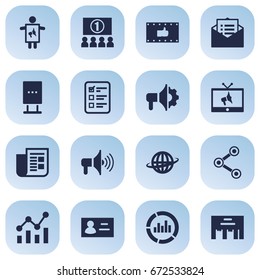 Set Of 16 Advertising Icons Set.Collection Of World, Statistics, Auditorium And Other Elements.