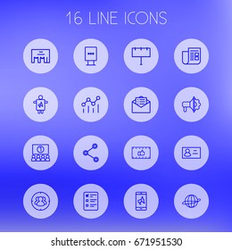 Set Of 16 Advertising Outline Icons Set.Collection Of Ad Banner, Social Media Ads, Target And Other Elements.