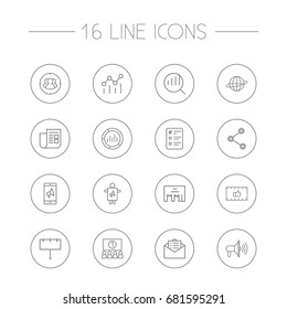 Set Of 16 Advertising Outline Icons Set.Collection Of Market, Mobile Marketing, Audience And Other Elements.