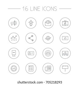 Set Of 16 Advertising Outline Icons Set.Collection Of Billboard, Campaign, Stand Elements.