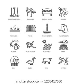 Set Of 16 Agriculture Farming linear icons such as Cotton, Cow, Duck, Egg, Farm, Gardening tools, Fertilizer, farmer, farming Fork, editable stroke icon pack, pixel perfect