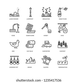 Set Of 16 Agriculture Farming linear icons such as Germination, Gloves, Grass, Hanging pot, Harvest, Lawn mower, Hose, Hen, Honey, editable stroke icon pack, pixel perfect