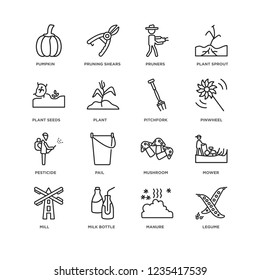 Set Of 16 Agriculture Farming linear icons such as Legume, Manure, Milk bottle, Mill, Mower, Pumpkin, plant Seeds, Pesticide, Pitchfork, editable stroke icon pack, pixel perfect