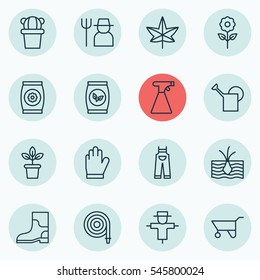 Set Of 16 Agriculture Icons. Includes Wheelbarrow, Sprinkler, Grains And Other Symbols. Beautiful Design Elements.