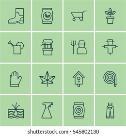 Set Of 16 Agriculture Icons. Includes Fertilizer, Garden Clothes, Grains And Other Symbols. Beautiful Design Elements.