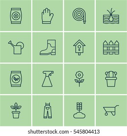 Set Of 16 Agriculture Icons. Includes Fertilizer, Bailer, Rubber Boot And Other Symbols. Beautiful Design Elements.