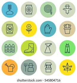 Set Of 16 Agriculture Icons. Includes Water Source, Bailer, Protection Mitt And Other Symbols. Beautiful Design Elements.