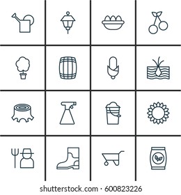 Set Of 16 Agriculture Icons. Includes Growing Plant, Wood Pot, Lantern And Other Symbols. Beautiful Design Elements.