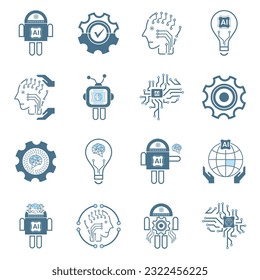 Set of 16 AI icons, symbols. Groups of Artificial intelligence line icons technology concepts, and cybernetic, ai, technology vector, illustration design