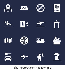 Set Of 16 Aircraft Icons Set.Collection Of Cab, Passport, Luggage Check And Other Elements.