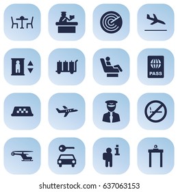 Set Of 16 Aircraft Icons Set.Collection Of Security, Automobile, Cab And Other Elements.