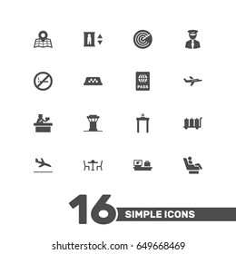 Set Of 16 Aircraft Icons Set.Collection Of Air Traffic Controller, Cab, Security And Other Elements.
