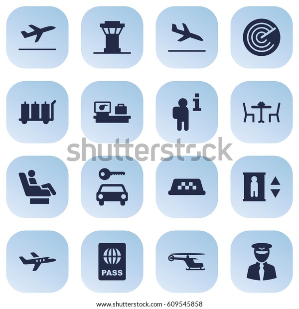 Set Of 16 Aircraft Icons\
Set.Collection Of Vip, Transporter Car, Carriage And Other\
Elements.