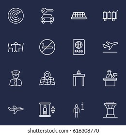 Set Of 16 Aircraft Outline Icons Set.Collection Of Plane, Control Tower, Detection And Other Elements.