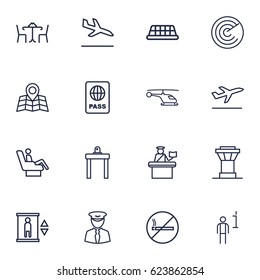 Set Of 16 Aircraft Outline Icons Set.Collection Of Elevator, No Smoking, Pilot And Other Elements.