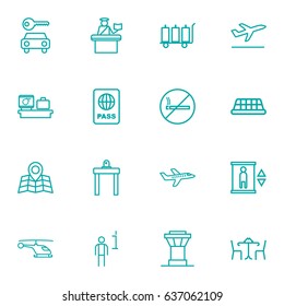 Set Of 16 Aircraft Outline Icons Set.Collection Of Certification, Cafe, No Smoking And Other Elements.