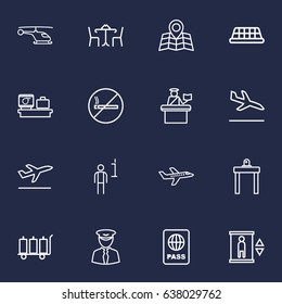 Set Of 16 Aircraft Outline Icons Set.Collection Of No Smoking, Taxi, Data And Other Elements.