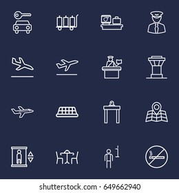 Set Of 16 Aircraft Outline Icons Set.Collection Of Cafe, Car Rent, Flight And Other Elements.