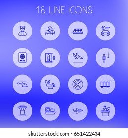 Set Of 16 Aircraft Outline Icons Set.Collection Of Car Rent, Luggage Trolley, Plane And Other Elements.