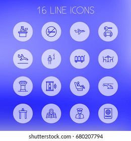 Set Of 16 Aircraft Outline Icons Set.Collection Of Business Class, No Smoking, Car Rent And Other Elements.